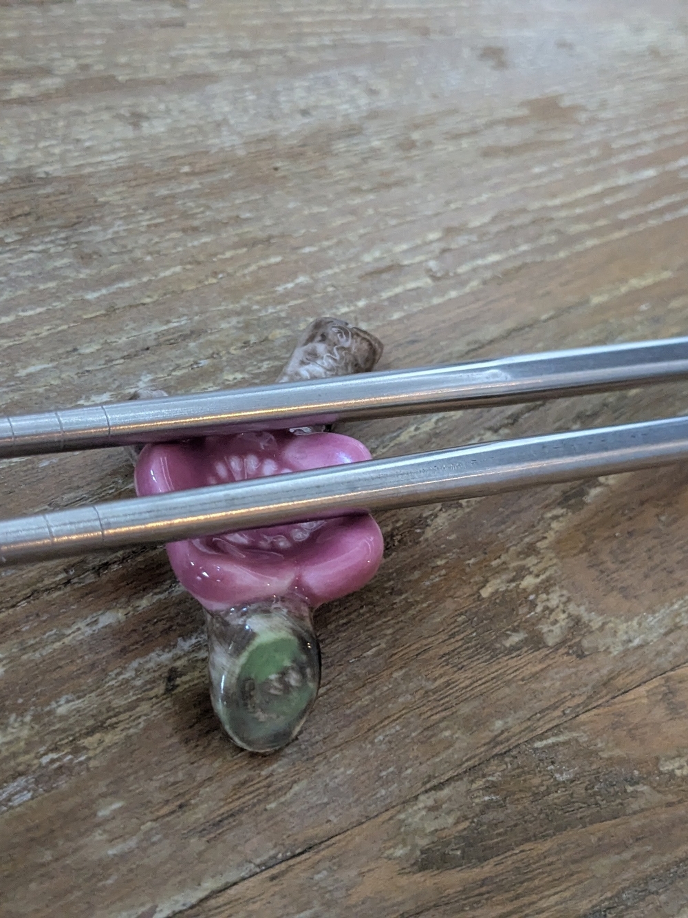 Source Unknown Pink Glass Flower Chopstick Rest with Green Accent